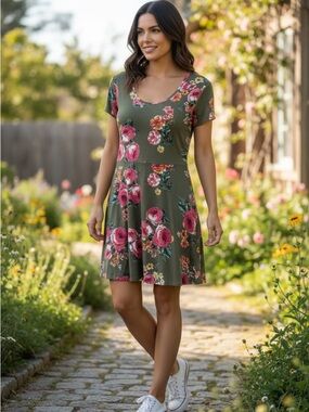 No Boundaries Olive Green Floral Scoop Neck Mini Dress